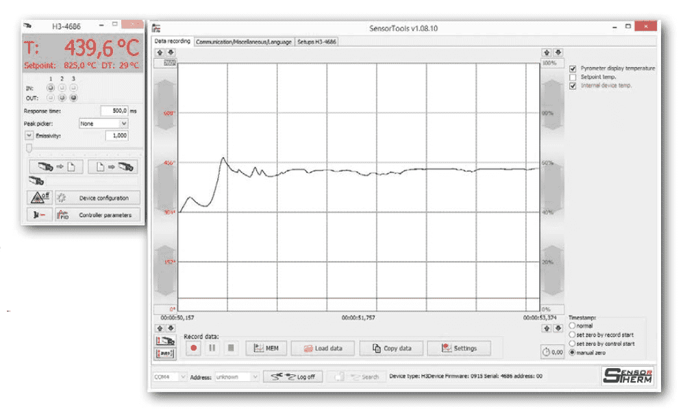 Okno oprogramowania SensorTools dla pirometrów stacjonarnych Sensortherm